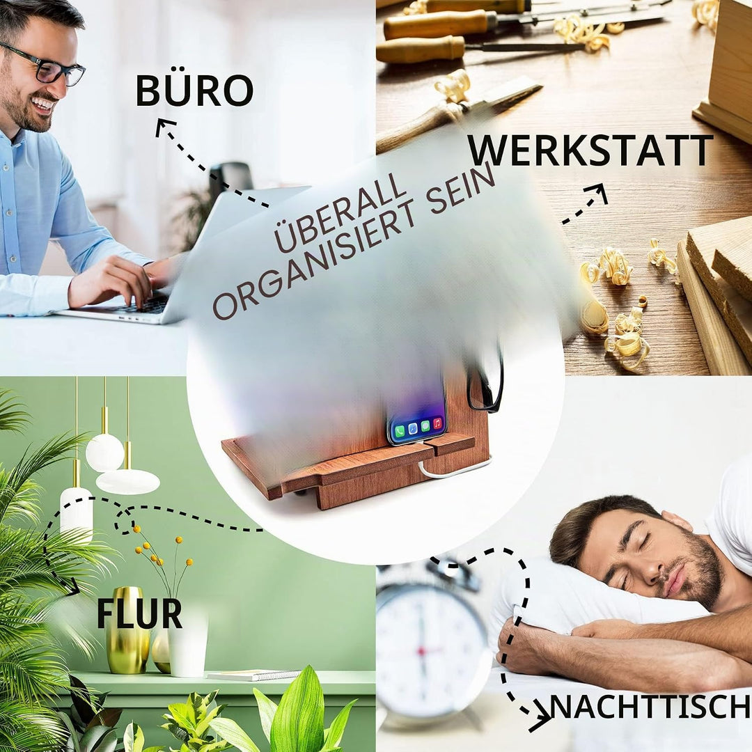 Dockingstation aus Holz, Idee für Männer, Smartphone-Ständer - Nachttischhalter für Ihn, Desk Organi