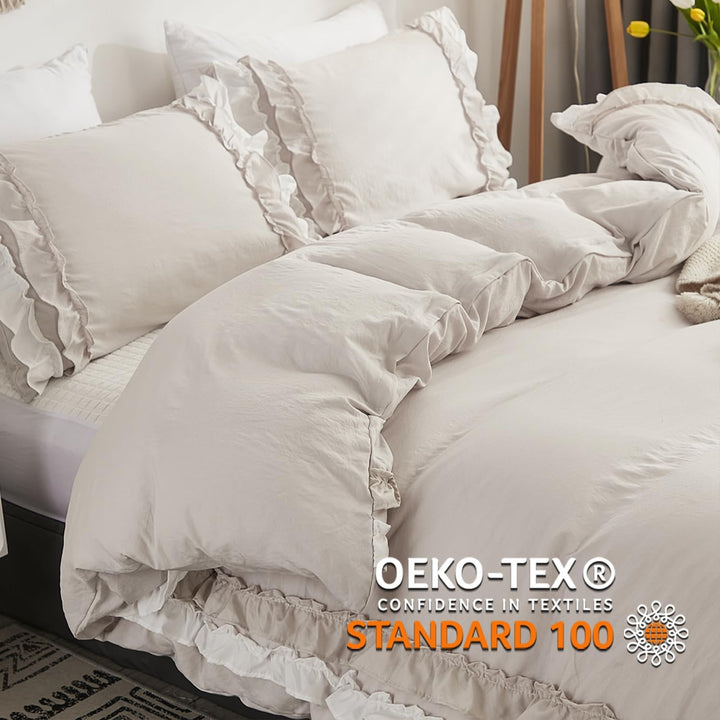 Sedefen Bettwäsche 200 x 200 cm Beige mit Weiss Rüschen Angenehme Mikrofaser Mädchen Bettwäsche-Sets