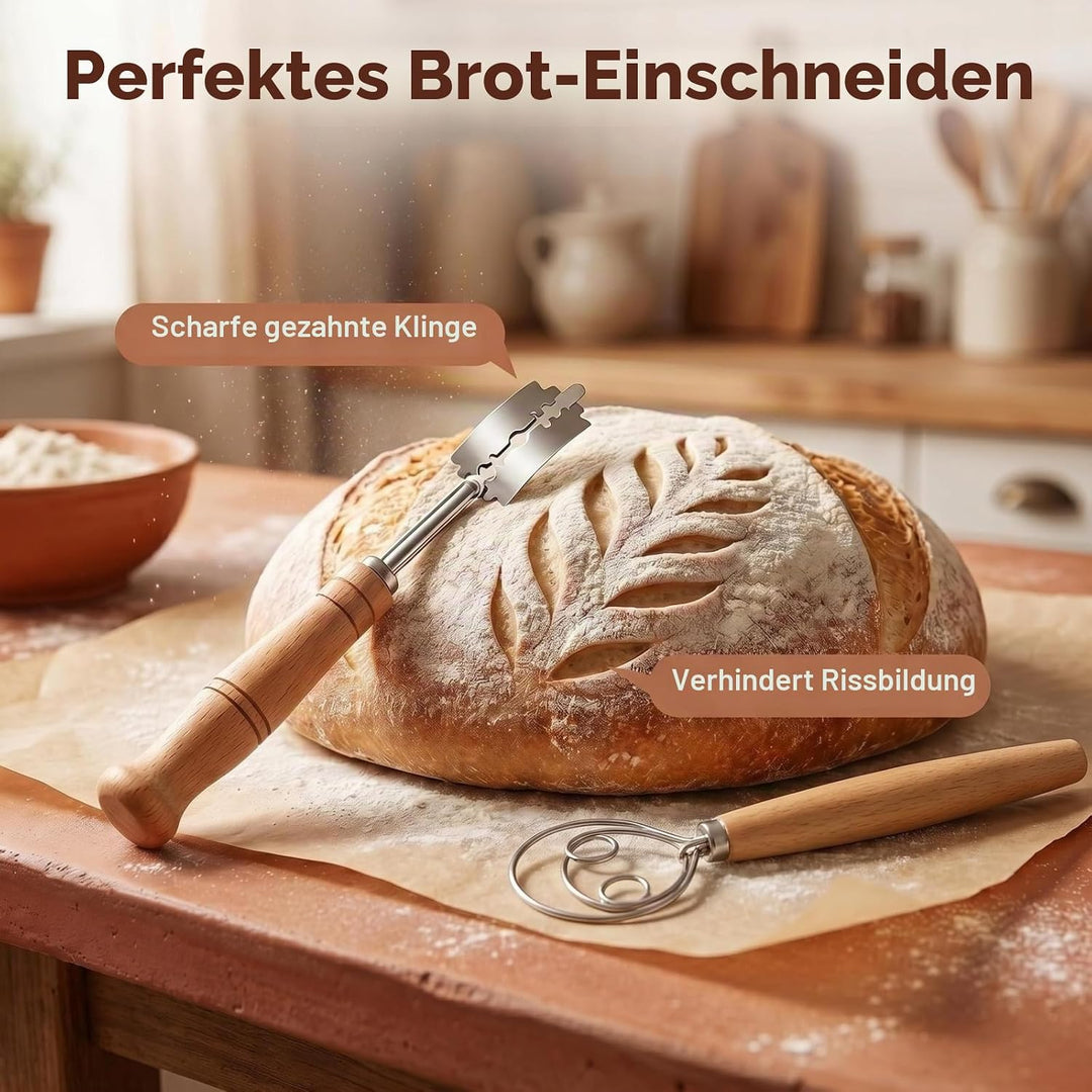 Gärkörbchen Set rund 23 cm aus natürlichem Rattan, Komplettes Brotbackset mit Bäckermesser, Teigscha
