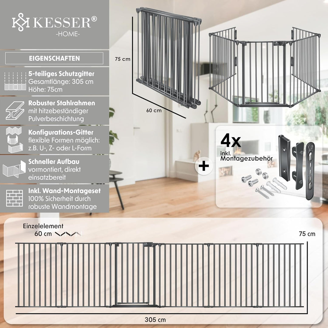 KESSER® Kaminschutzgitter mit Tür 305 cm Metall Ofenschutzgitter Laufgitter Laufstall Absperrgitter