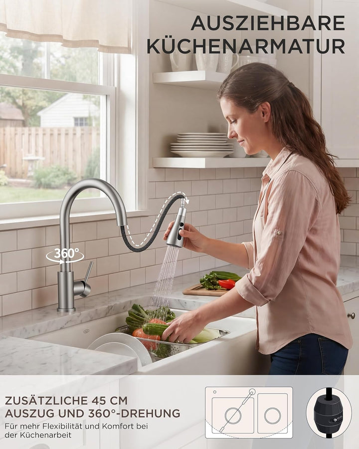 FORIOUS Wasserhahn Küche, Küchenarmatur mit Herausziehbarer Brause Ausziehbar Armatur, Mischbatterie