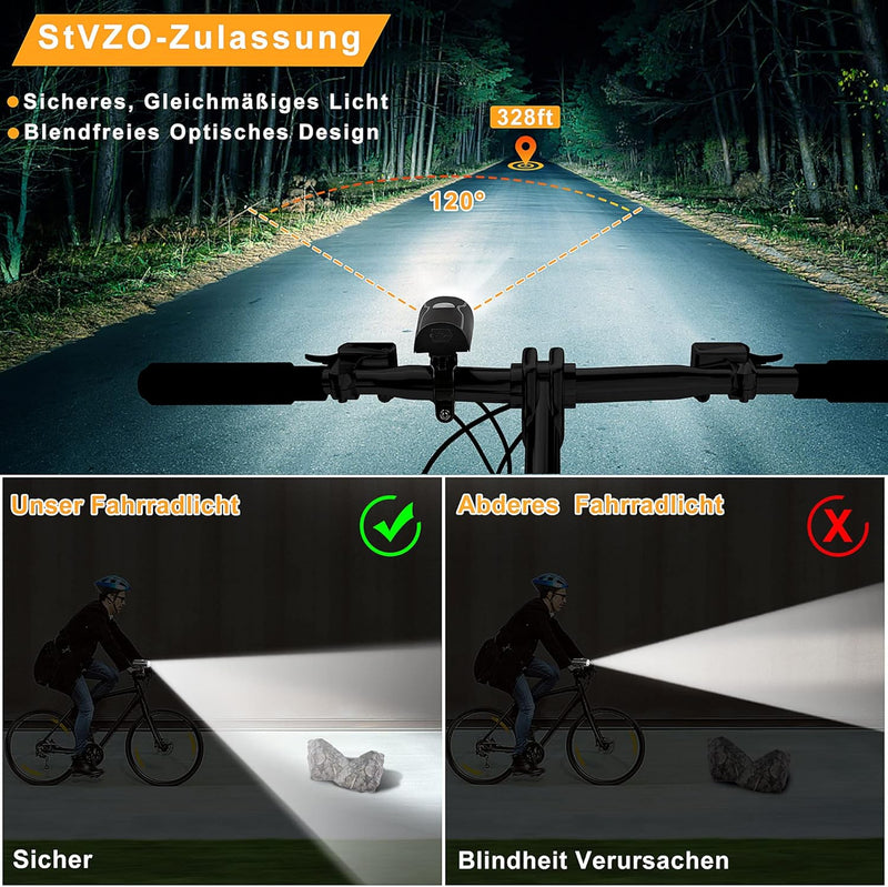 LED Fahrradlicht Set, STVZO Zugelassen Beleuchtungsset Fahrradlicht Set Frontlicht + Rücklicht Fahrr