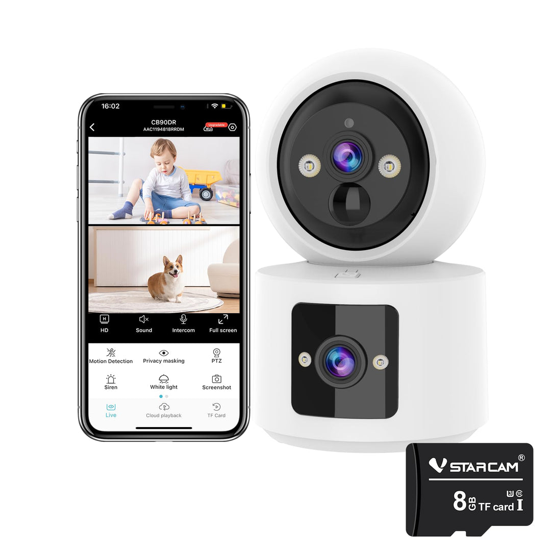 VSTARCAM Innen-Überwachungskamera mit Dual-Lens 8 GB Micro SD Karte, EIN TIPP Anruf, PIR Bewegungser