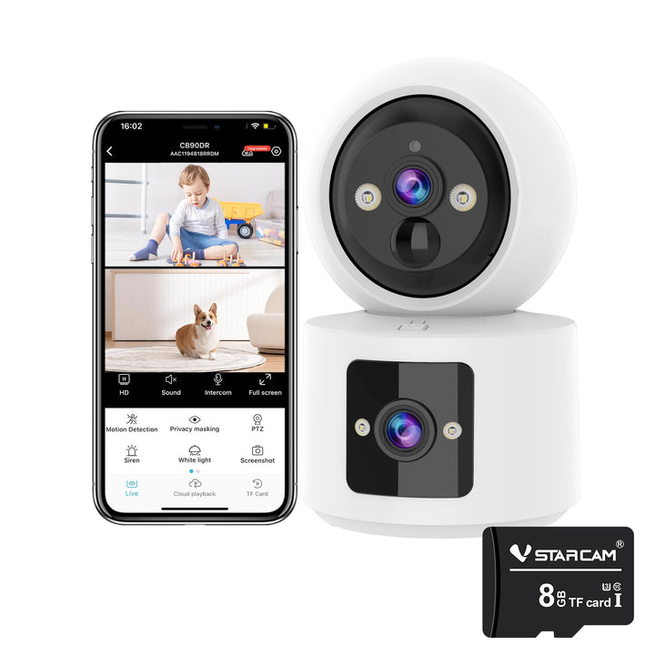 VSTARCAM Innen-Überwachungskamera mit Dual-Lens 8 GB Micro SD Karte, EIN TIPP Anruf, PIR Bewegungser