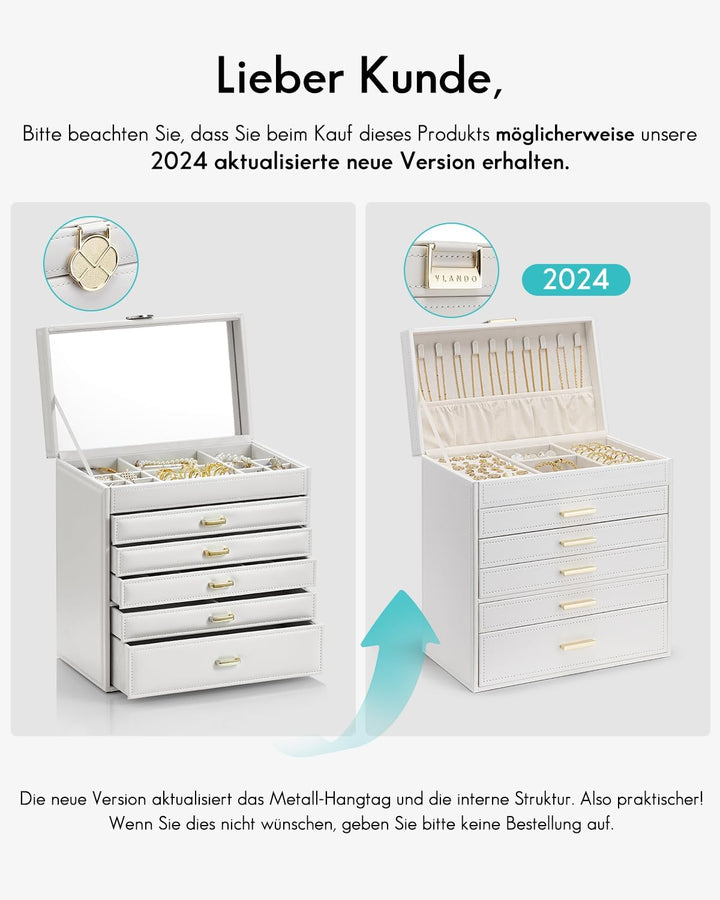 Vlando Schmuckkasten Schmuckschatulle Schmuckkästchen-Gross Schmuckbox-Damen, mit 6 Ebenen Schublade