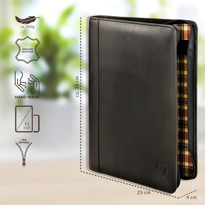 Corno d´Oro Schreibmappe A4 12 Zoll Fach für iPad Tablet I RFID Konferenzmappe Leder mit Reissversch