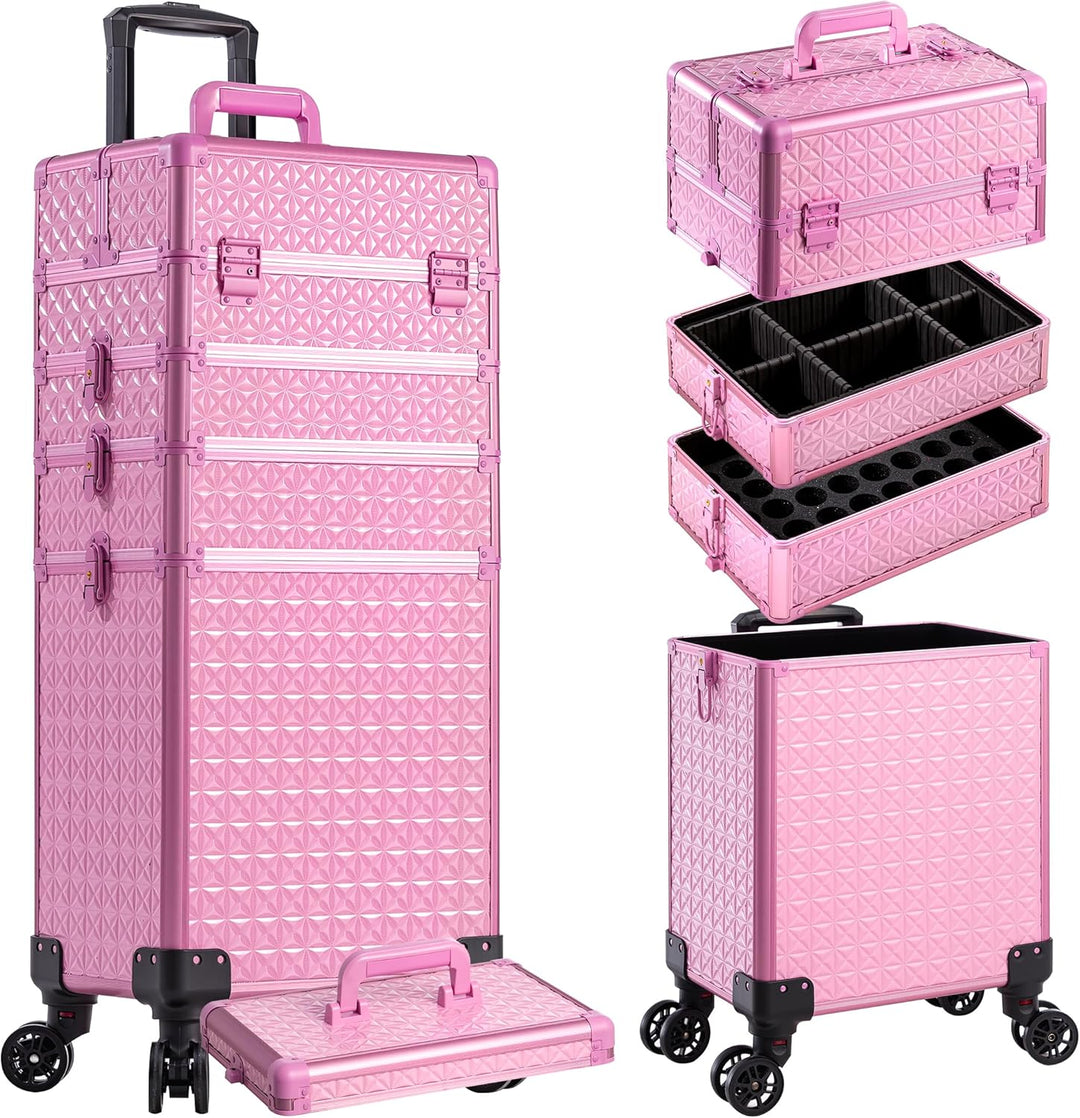 Arous 5-in-1 Profi-Kosmetikkoffer, Aluminium, mit 360° drehbaren Rädern Hellrosa, Hellrosa