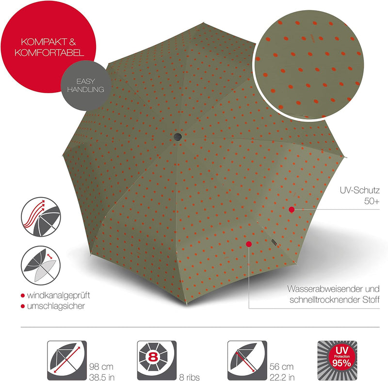 Knirps Taschenschirm T.200 Duomatic Dots – Auf-Zu-Automatik – Sturmfest – Windproof – Punkte-Design