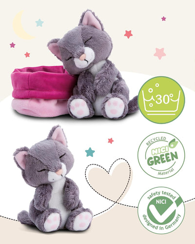 NICI Kuscheltier Katze grau 12cm schlafend im Körbchen, Katze Grau