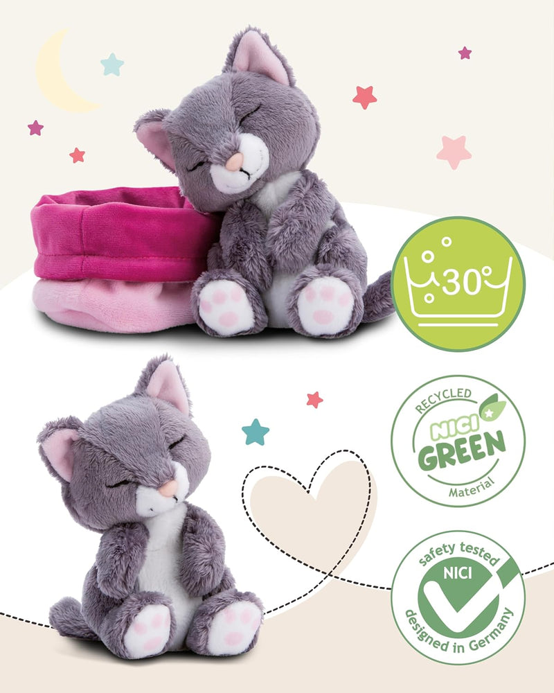 NICI Kuscheltier Katze grau 12cm schlafend im Körbchen, Katze Grau