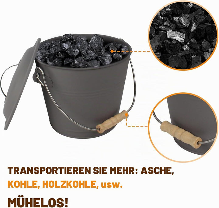 BRIAN &amp; DANY Ascheeimer mit Deckel, Feuerfest Runder Kohleeimer für Kamine, 5L Eimer mit Schaufel un