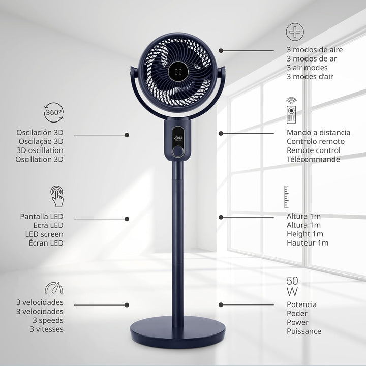 Ufesa 3D50 Umluftventilator ventilator mit 360º 3D-Oszillation, multidirektional, 50W, 2 Höhen, 3 Ge