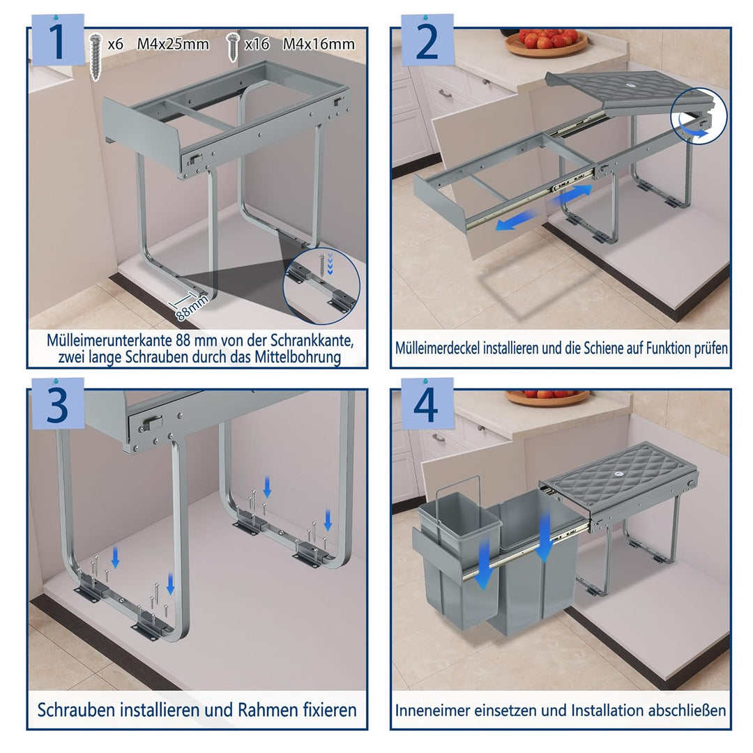 Grau 1 x 20L + 1 x 10L Einbaumülleimer Mülltrennsystem Ausziehbar Mehrfachbehälter Abfallsammler Sch