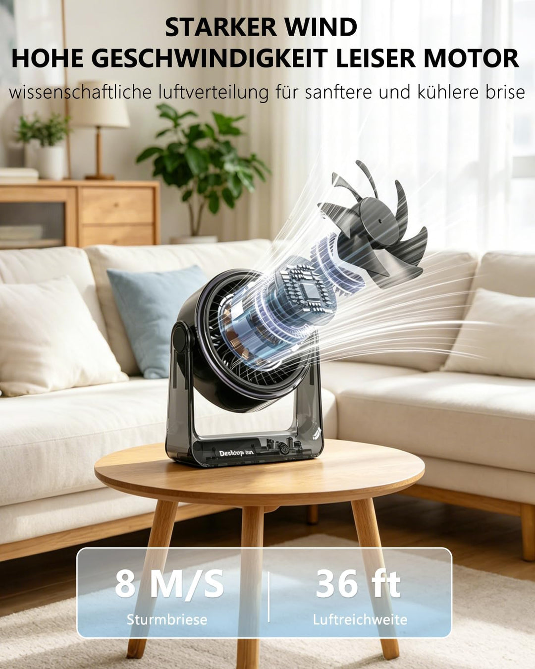 Tischventilator, USB Ventilator Akku, 6 Geschwindigkeiten Leise Ventilator mit LED Display, 360 ° Dr
