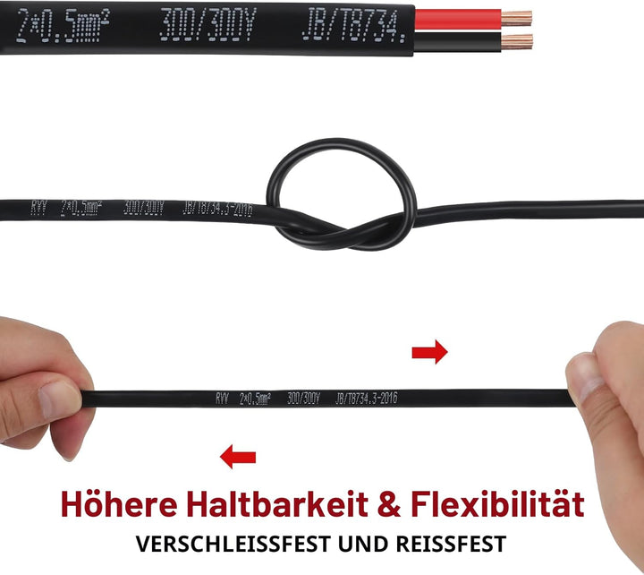 2 × 0,5 mm² flaches, zweiadriges Doppelkabel, 2 Leiter, elektrischer Kupferdraht, 5 V, 12 V, 24 V, 6