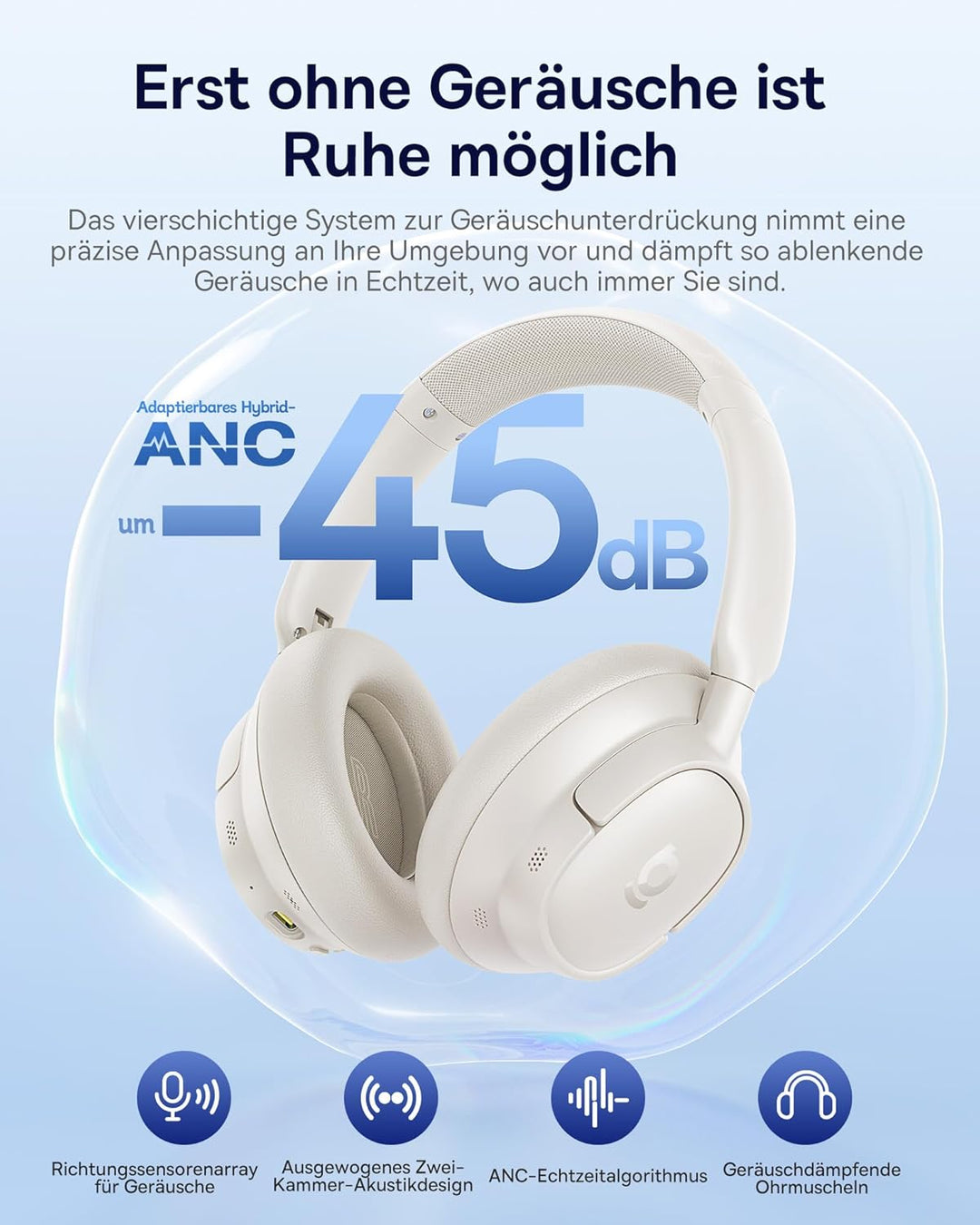 Baseus EH10 NC Bluetooth Kopfhörer mit -45dB Hybrid Active Geräuschisolierung, Over-Ear Kopfhörer mi