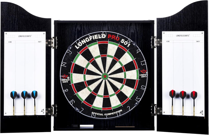 Engelhart Holz Dartschrank, sisal Dartscheibe, inbegriffen 6 Darts 18gr und Zubehör (Schwarz), Schwa