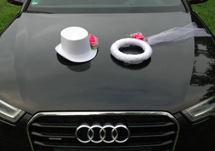Schleier UND Hut Autoschmuck Rose Car Dekoration Hochzeit Wedding ®Auto-schmuck (Rosa/Weiss) Rosa /