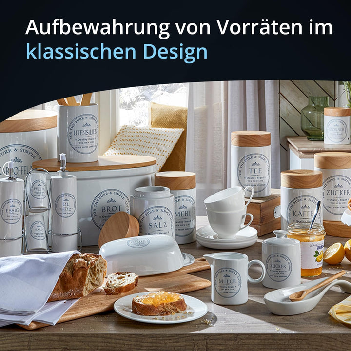 KHG Brotkasten aus Keramik Steingut gross & glasiert in Weiss mit Holzdeckel, Aufbewahrung Brotkaste