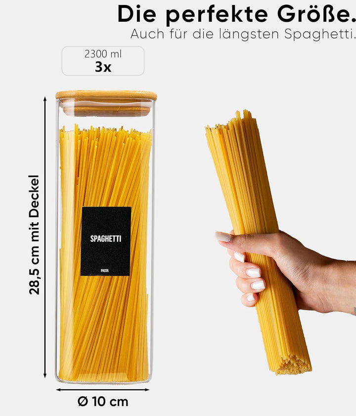 Deco haus® Spaghetti Aufbewahrung 3er Set Eckig - Vorratsgläser mit Deckel + Etiketten [LUFTDICHT] -