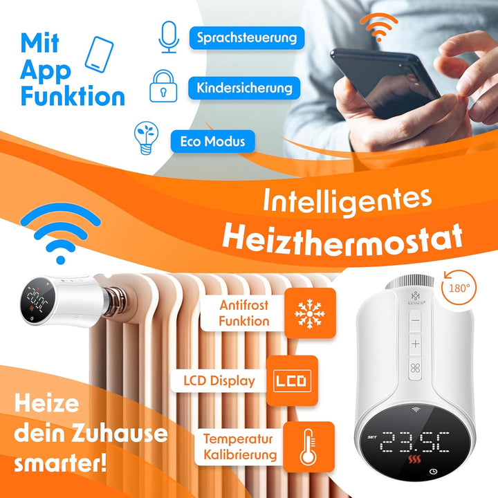 KESSER® Heizkörperthermostat 4er Set WiFi Heizungsregler | Heizungsthermostat WLAN mit Smart Home Ap