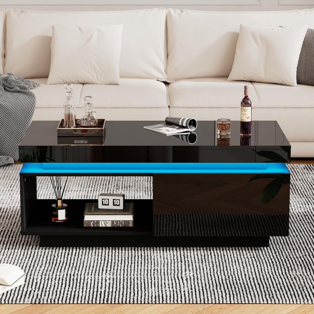Merax Moderner Hochglanz-Couchtisch mit LED-Beleuchtung, 100x50x40,3 cm, Schwarz Wohnzimmer-Tisch mi