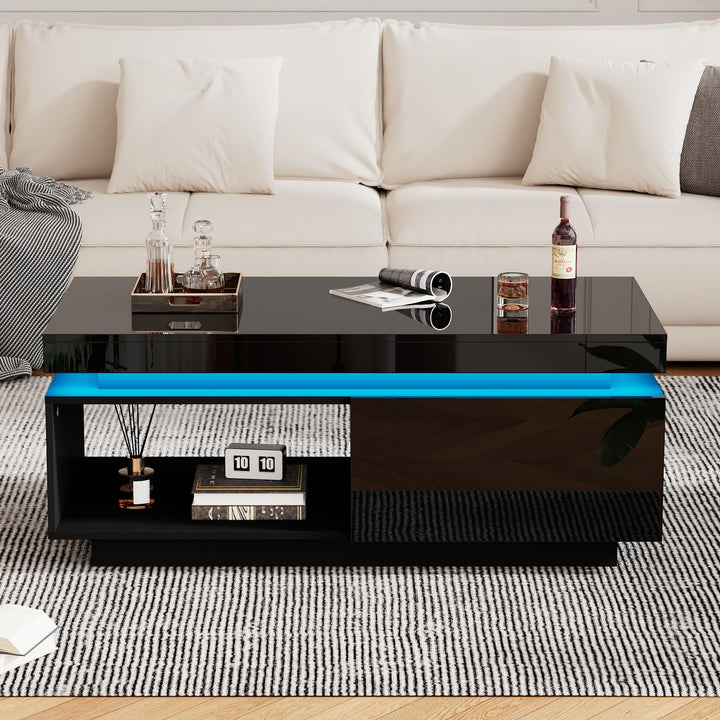 Merax Moderner Hochglanz-Couchtisch mit LED-Beleuchtung, 100x50x40,3 cm, Schwarz Wohnzimmer-Tisch mi