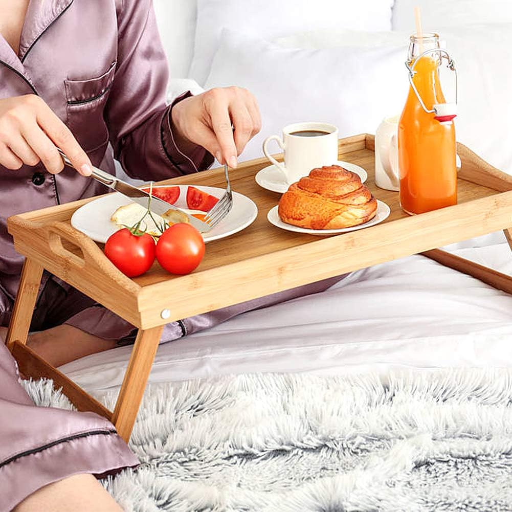 Betttablett Bambus Frühstückstablett fürs Bett Tragbare Beistelltisch mit Griffen Klappbar Bett Tabl