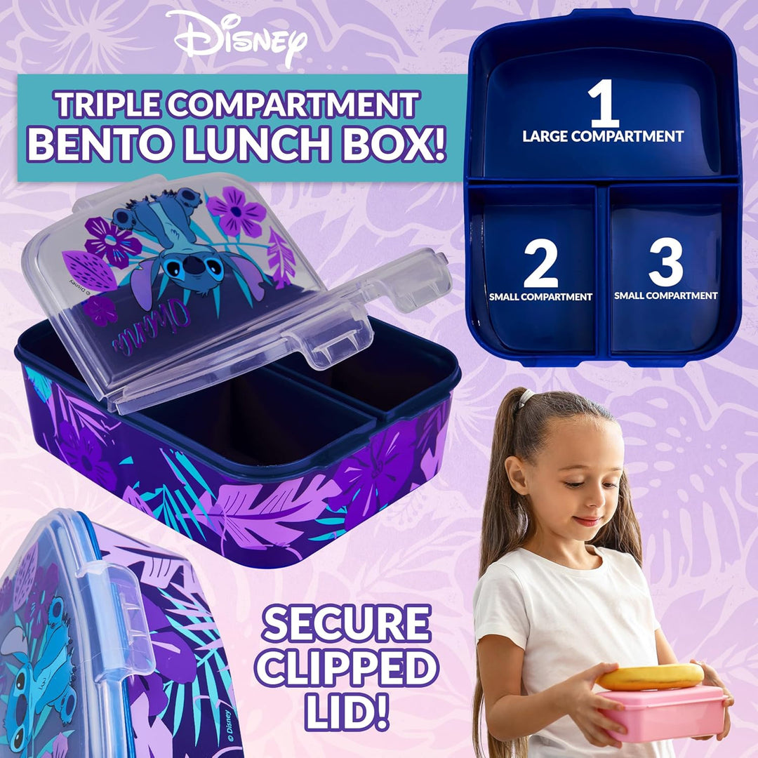Disney Stitch Kinder Lunchbox mit Fächern und Wasserflasche für Schule und Ausflüge (Blau/Lila)
