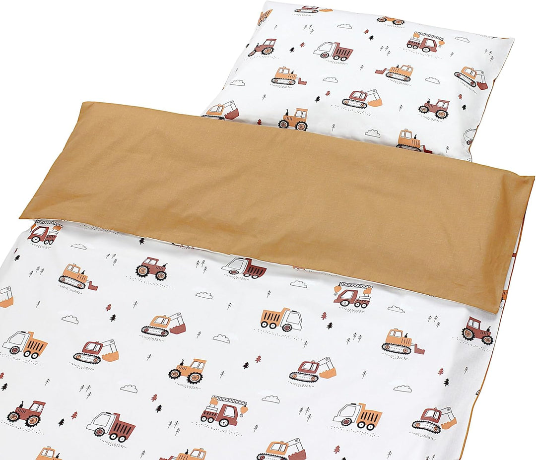 TupTam Kinder Bettwäsche Gemustert 2-Teilig Wendebettwäsche, Farbe: Baufahrzeuge/Bagger/Beige/Kakaob