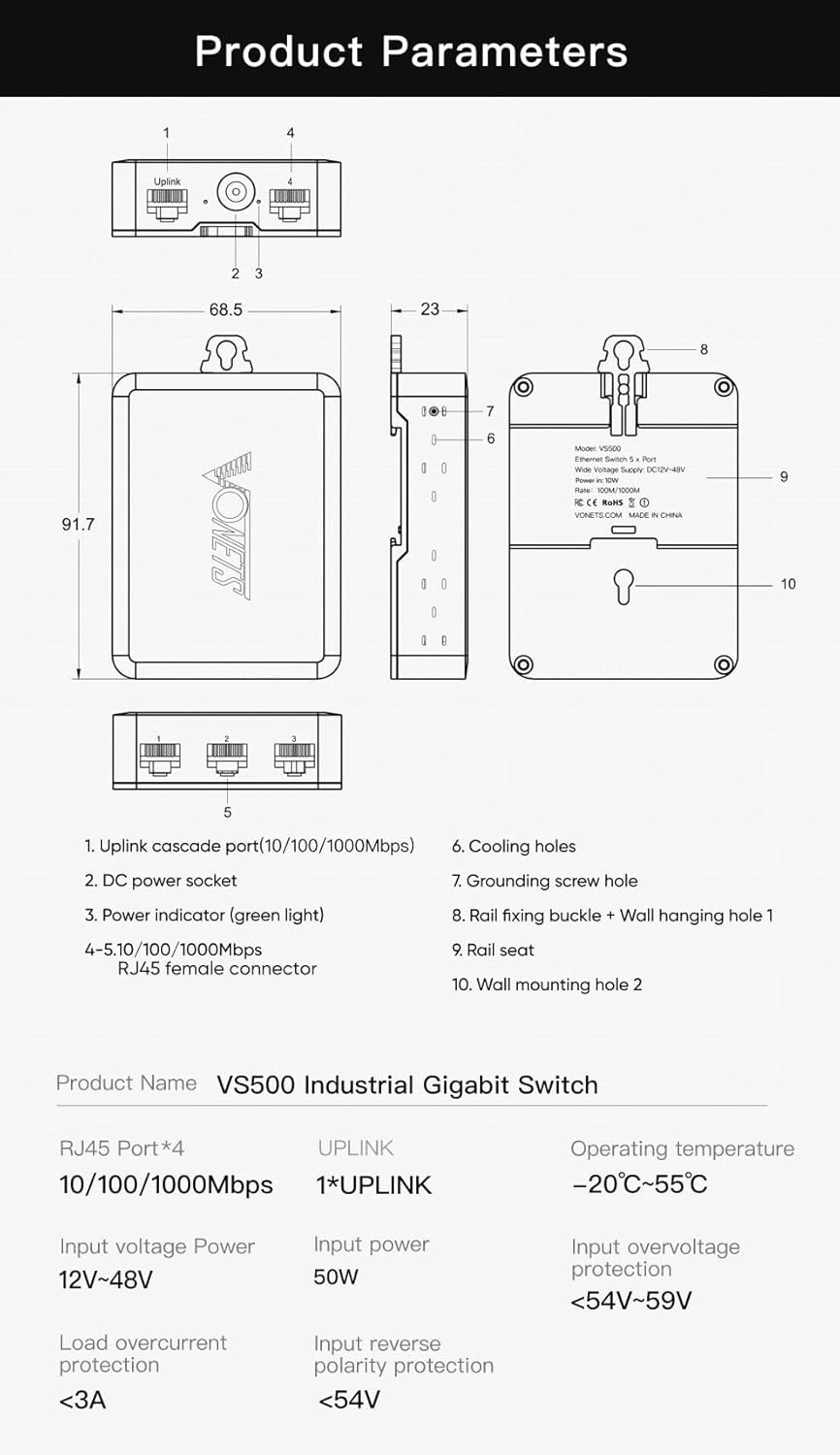 VONETS VS500 Industrie 5 Ports Gigabit Switch Ethernet RJ45 Splitter Extend LAN Netzwerk Port, 4 Por