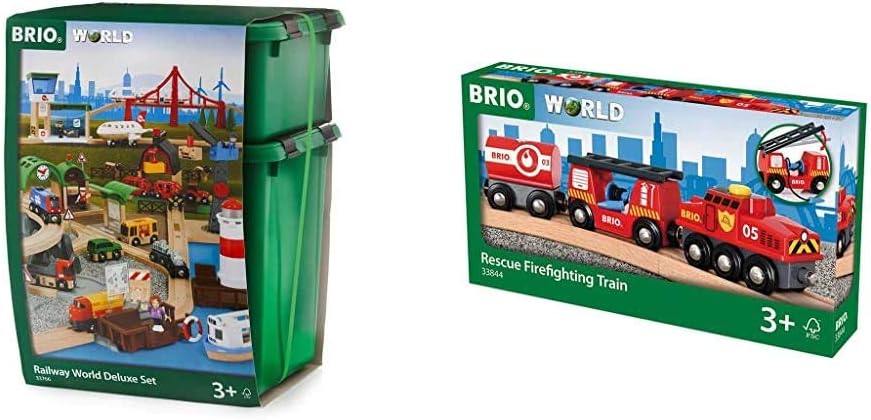 BRIO Bahn 33766 - Grosses Premium Set in Kunststoffboxen & World 33844 Feuerwehr-Löschzug – Feuerweh