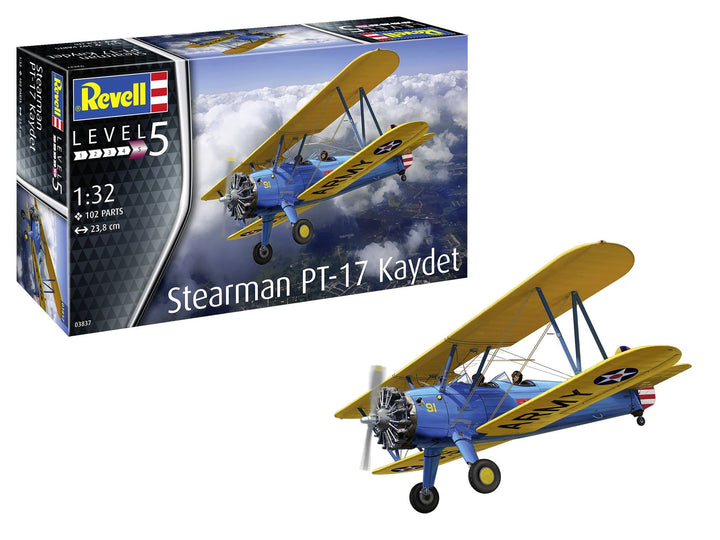 Revell 03837 03837-Stearman PT-17 Kaydet 1:32 Fahrzeug originalgetreuer Modellbausatz für Experten,
