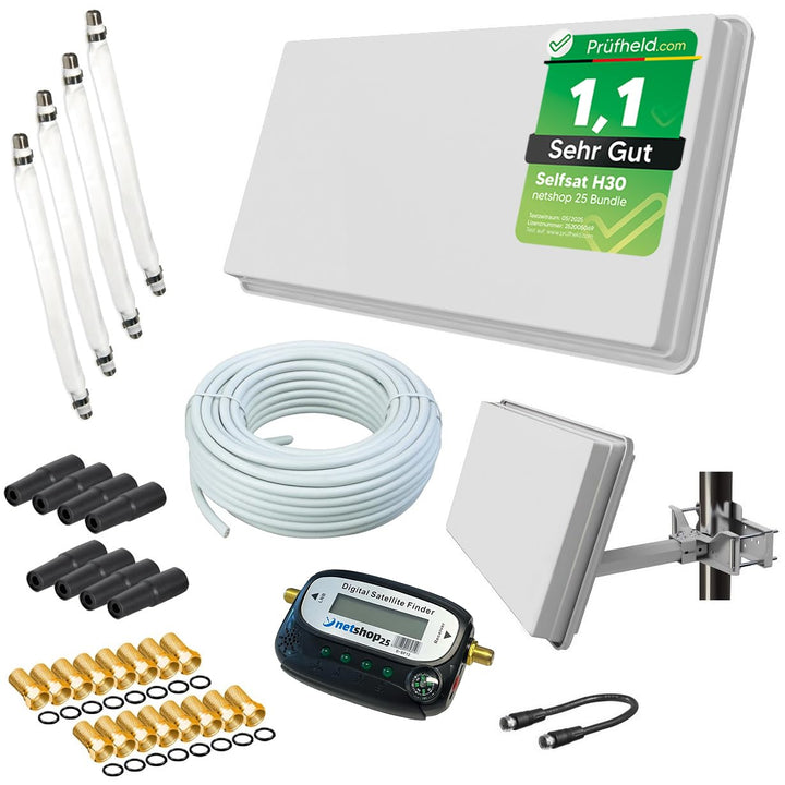 Selfsat H30D4+ Flachantenne Quad + 50m Kabel + Fensterhalterung + SAT-Finder + 4 Fensterdurchführung