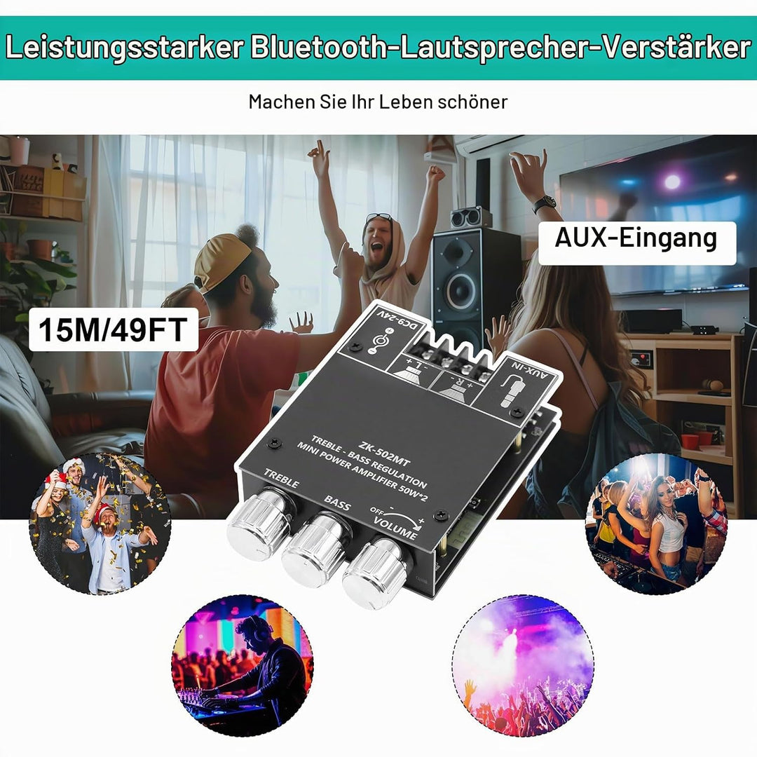 ZK-502T Bluetooth 5.0 Verstärker Hifi Stereo 2x50W, Verstärker mit Bluetooth für Lautsprecher, AUX B