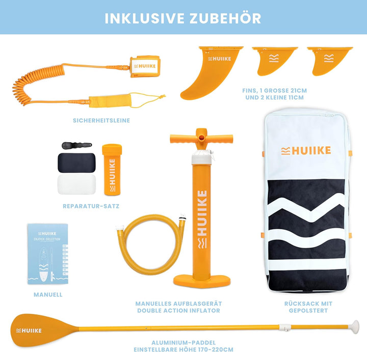 HUIIKE Stand Up Paddling Board mit Zubehör, Paddel, Finnen, Leash, Pumpe, Rucksack. SUP-Board Aufbla