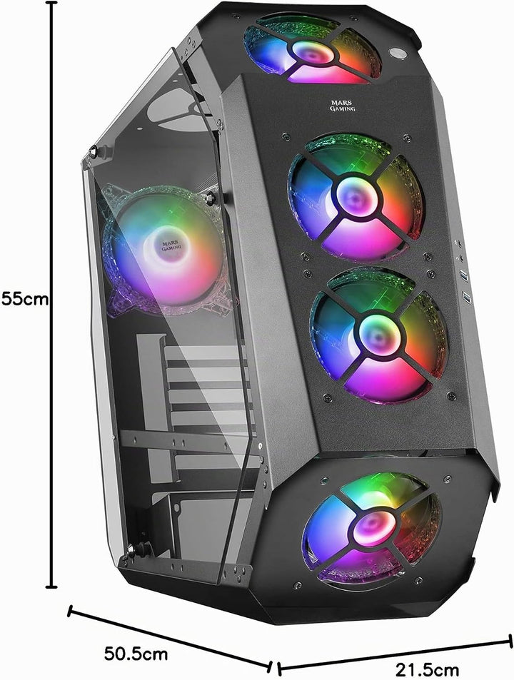 Mars Gaming MC51, Gehäuse Gaming PC ATX, Doppelt Gehärtetes Glas, 5X Lüfter RGB 12cm, Schwarz MC-51