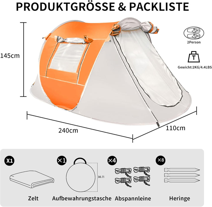 TENPLAY Pop-Up-Zelt für 2–4 Personen, PU2000 mm, wasserdicht und Winddicht, UV-Schutz, leicht und tr