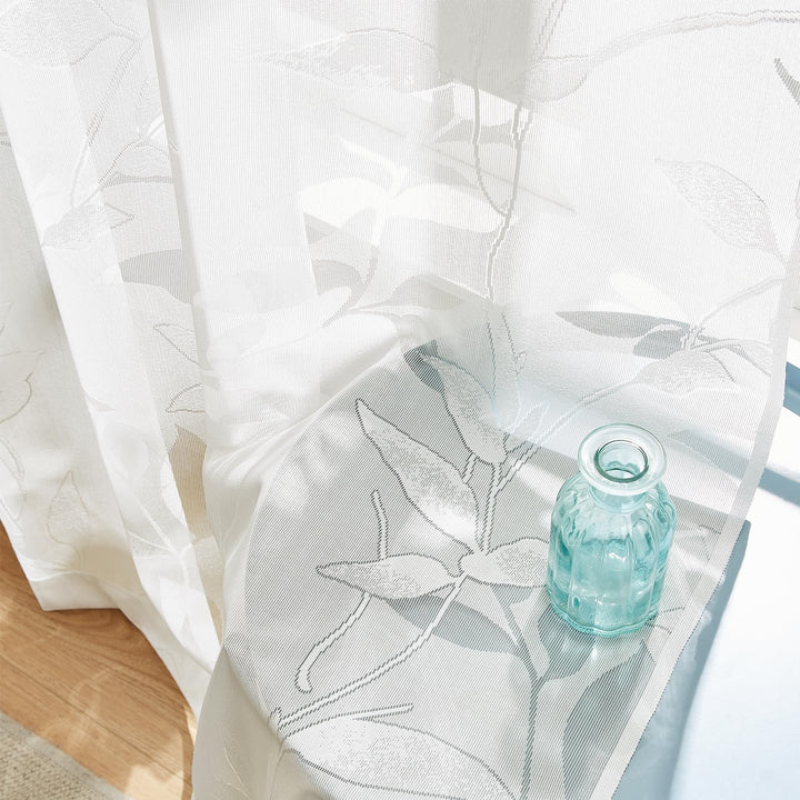 Treatmentex Durchsichtig Spitze Vorhang Jacquard Gardinen mit Ösen Blättermuster Halbtransparente Vo