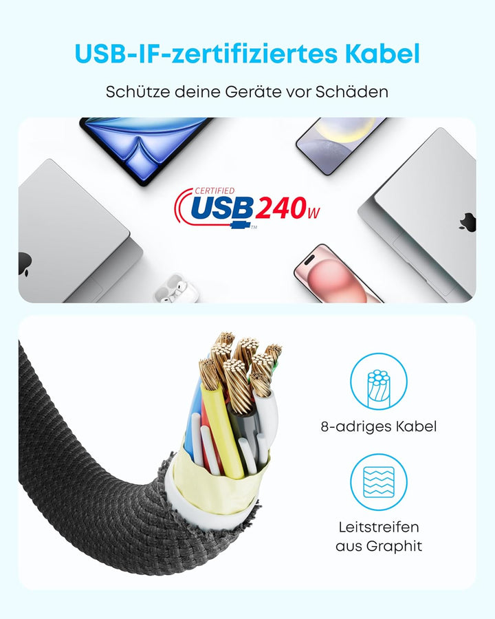 Anker 240W USB C Kabel, [2 Stück 1,8m] PD 3.1 Schnellladekabel USB C auf USB C Kabel, USB C Ladekabe