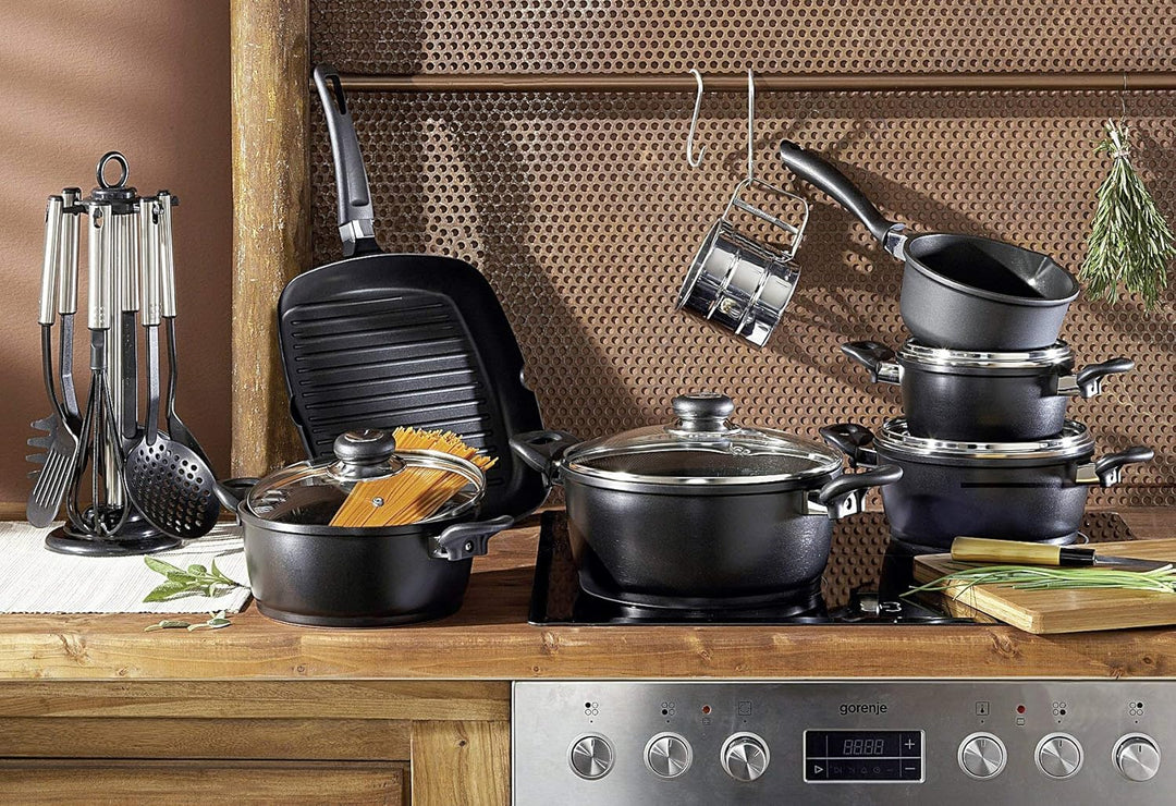 Krüger Aluguss Topfset Schwarz 17-tlg|Antihaft|Töpfe, Grillpfanne &amp; | Antihaft-Versiegelung|Backofen