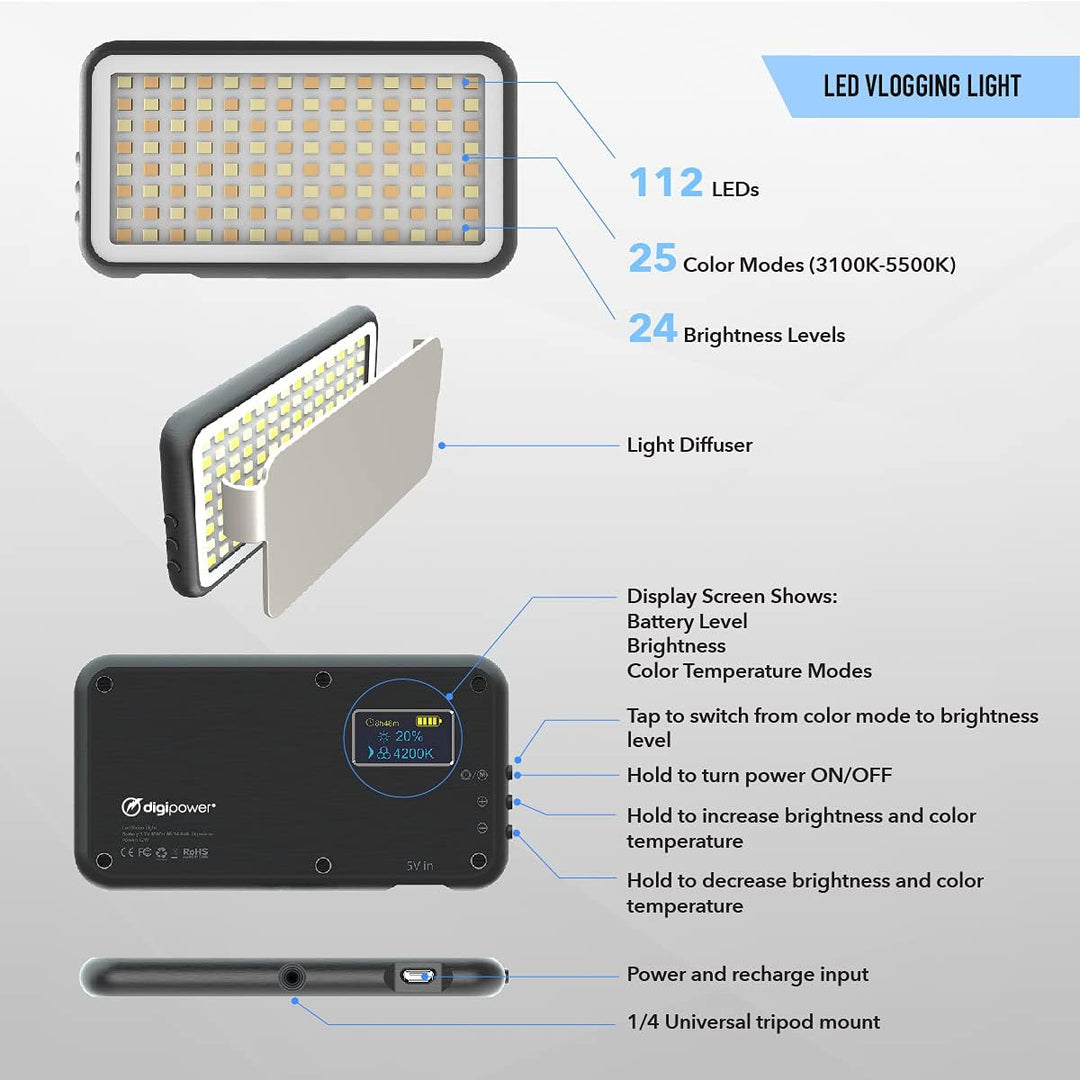 DigiPower Vlogging Kit Instructor mit LED Videoleuchte, Clip-on Lavalier Mikrofon, Handy + Kamera Ha
