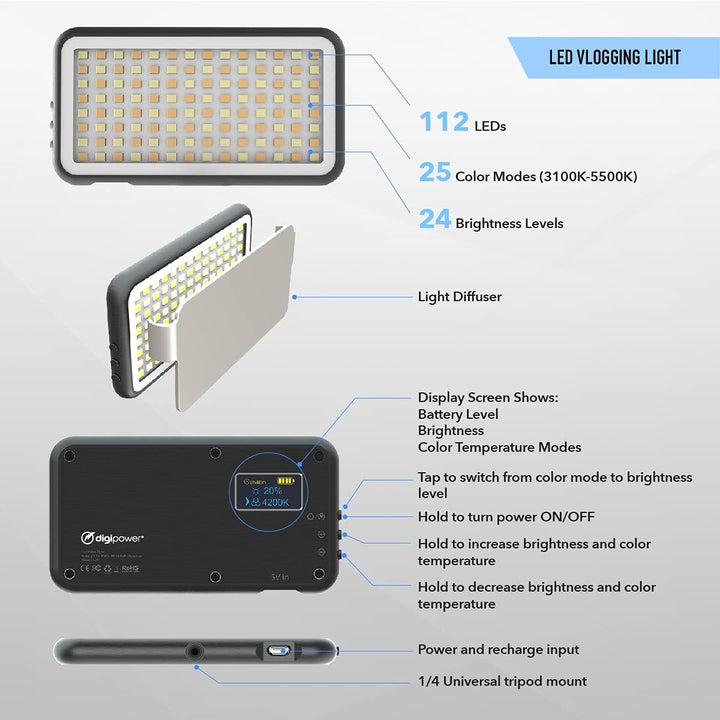 DigiPower Vlogging Kit Instructor mit LED Videoleuchte, Clip-on Lavalier Mikrofon, Handy + Kamera Ha