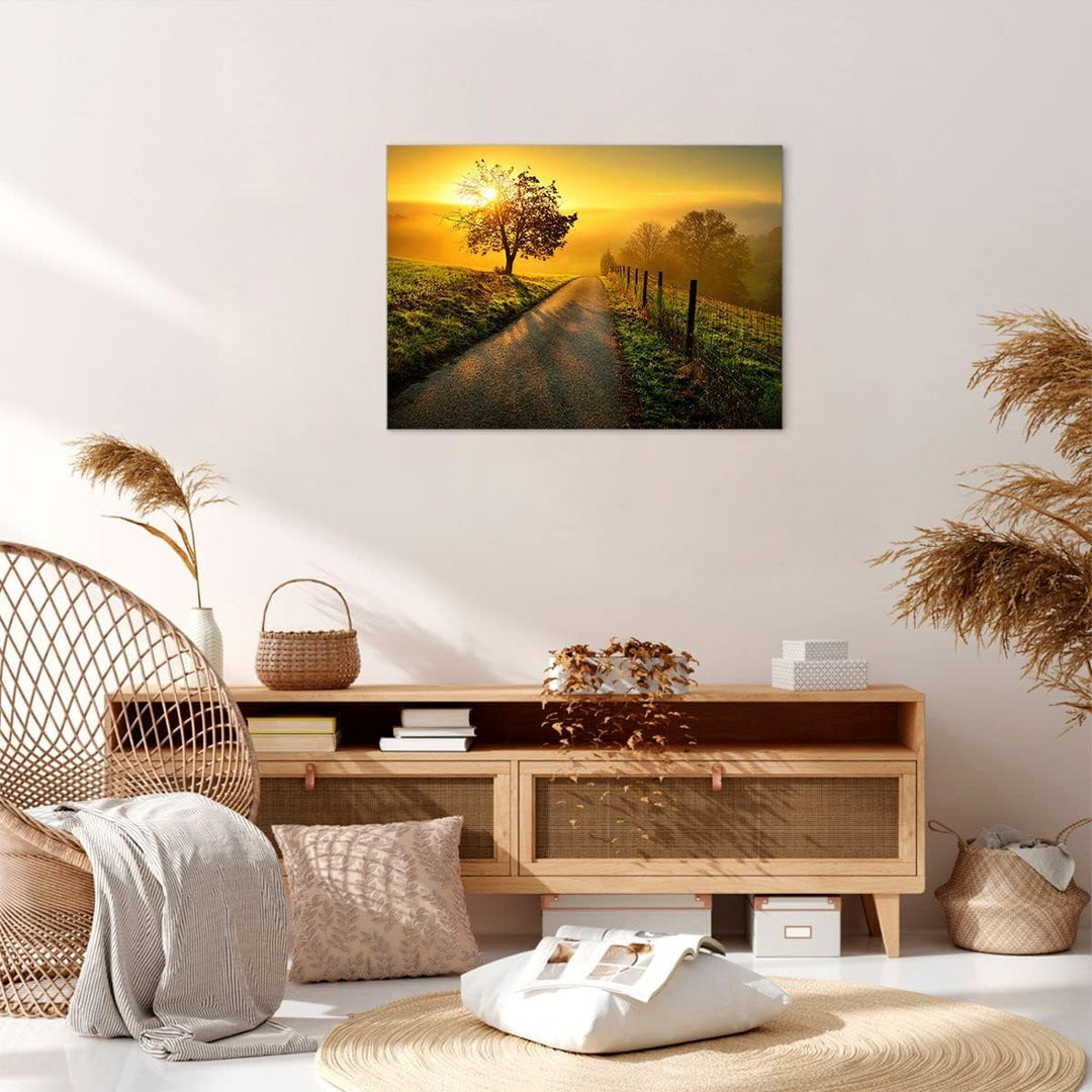 Bilder auf Leinwand Feld Strasse Baum Leinwandbild mit Rahmen 70x50cm Wandbilder Dekoration Wohnzimm