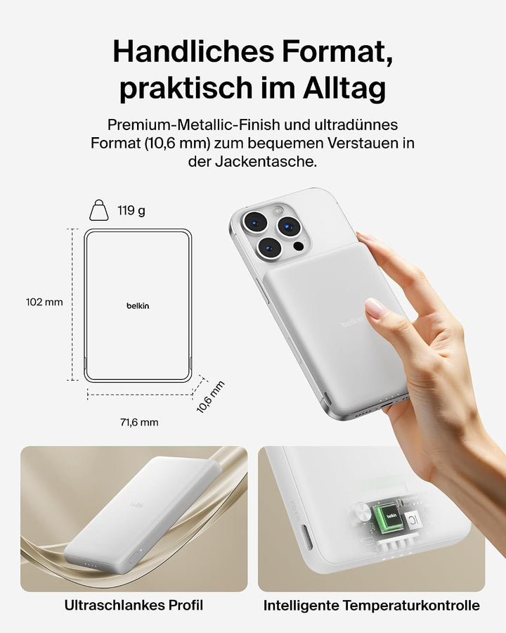 Belkin BoostCharge 5000mAh Magnetische Power Bank, USB-C-Port – Weiss | 5K Powerbank Kabellos, Magne