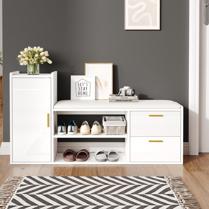 Merax Schuhschrank 128 × 30 × 68 cm mit Sitzbank &amp; Stauraum, Hochglanz Schuhregal mit 2 Schubladen u