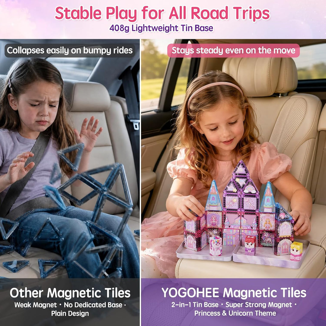 Magnetische Bausteine Reisespielzeug für Mädchen: 42pcs Prinzessin & Einhorn Tiles in Tragbarer Meta