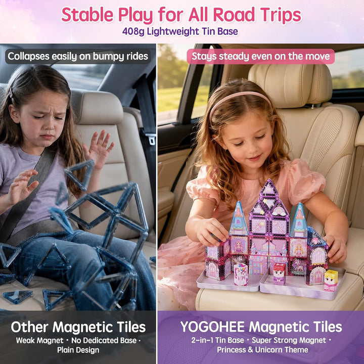 Magnetische Bausteine Reisespielzeug für Mädchen: 42pcs Prinzessin & Einhorn Tiles in Tragbarer Meta