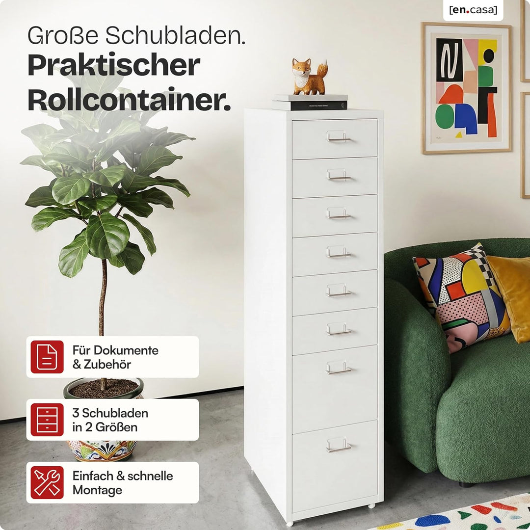 [en.casa] Rollcontainer Kökar Schubladenschrank Metall Aktenschrank mit 8 Schubladen Bürowagen mit R