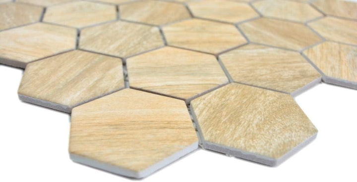 Mosaikfliese Keramik Hexagon Sechseck Holz beige Wandfliese Duschwand Wandverkleidung Badfliese Flie